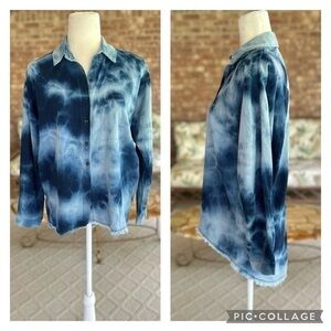 Zara Top Indigo Batik Shirt Blue Chambray Tie Dye Raw Hem High Low XS